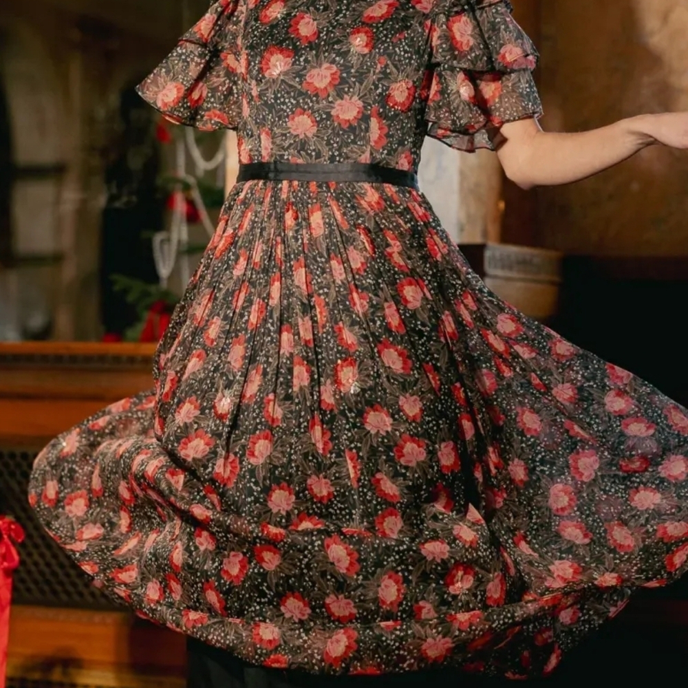 Ivy City Co Black and Red Floral Midi Dress